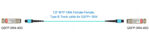 two 40G QSFP+ SR4 transceivers connected by a MTP female cable