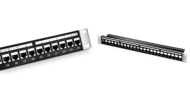 24 Ports Blank Keystone Ethernet Patch Panel (Left) and 24 Ports Cat6 Shielded Feed-Through Patch Panel (Right)